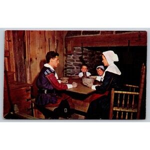 Postcard Massachusetts Plymouth First House Pilgrim Family at Meal Time c1950s